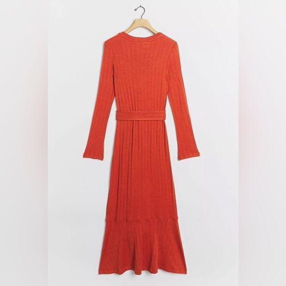 Anthropologie Orange Elsa Ribbed Knit Belted Maxi Sweater Dress Button Front XS - Picture 6 of 7